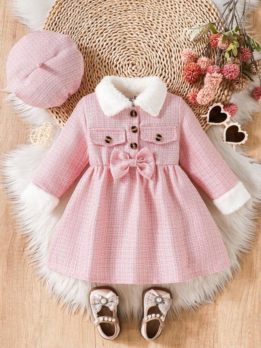 Souflis Souflis Vestido de niña bebé a cuadros con parches, cuello de piel sintética y decoración de lazo, adecuado para uso casual, de fiesta y diario - Rosa - Ver 1
