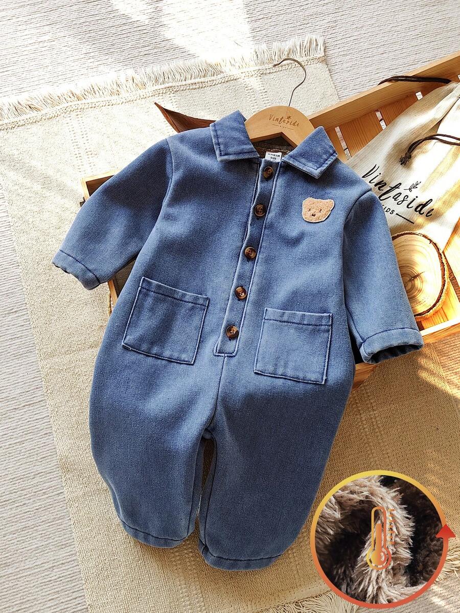 Vintaside Kids 男婴复古风纯色藏蓝色牛仔保暖连体衣,适合户外玩耍、休闲穿着和节日派对装扮 - 彩色 - 查看 1