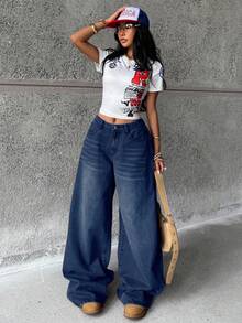 Coolane Teen Girls Winter Casual Loose Washed Wide Leg Blue Jeans,Casual,New Year,Party,Casual - Blue - View 4