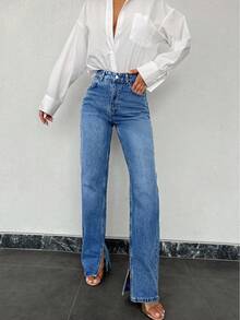 SHEIN Tall 100%Cotton Split Hem Straight Cut Jeans - Blue - View 5