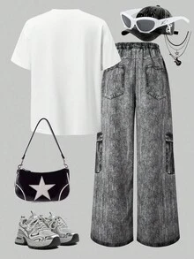 SHEIN ChillGRL 两件套：少女宽松休闲简约星链印花白色圆领短袖T恤+印花宽松阔腿裤，超大版型，适合夏季穿着 - 黑色 - 查看 2