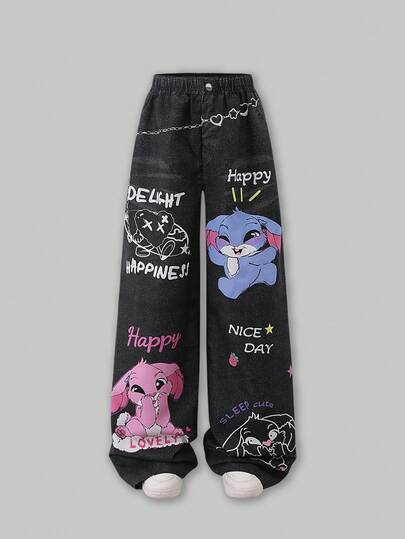 SHEIN Teen Girl Street Style Cartoon Print Black Casual Long Pants 2025 Back-To-School Season Kids College Outfits And Campus Sportswear 2025 Back-To-School Season Kids College Outfits And Campus Sportswear