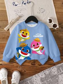 BABY SHARK X SHEIN 年轻男孩休闲日常通勤趣味可爱卡通鲨鱼和口号图案落肩宽松羊毛卫衣，秋冬