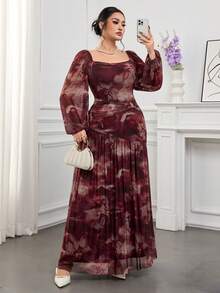 Modelyn Plus Size Elegant Floral Print Dress For Party Vacation Dresses - Burgundy - View 7