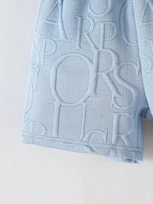 SHEIN Streecool Kids 3件套幼儿男童套装：字母针织提花休闲短袖T恤、短裤和包包，适合日常休闲外出，春夏皆宜。