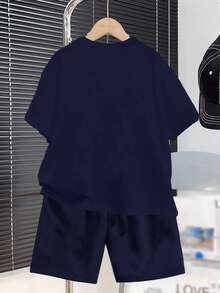 Bộ 2 áo thun tay ngắn họa tiết bóng đá phong cách thể thao thường ngày cho bé trai tuổi teen, phong cách đường phố, thích hợp cho mùa hè - Màu xanh hải quân - Xem 2