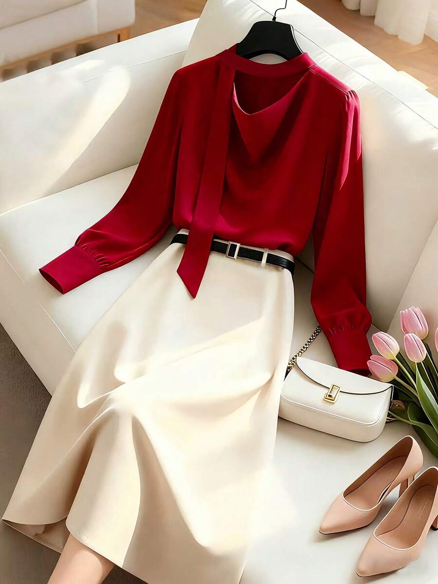 GlowEve Swing Collar Tie Blouse Paired With High Waist A-Line Contrast Color Skirt Set - Red - View 1