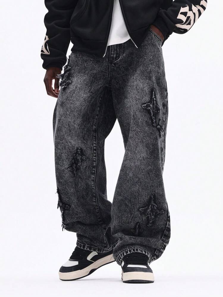 Baggy Distressed Jeans With Applique Patches