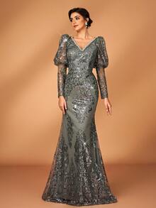 Serin 优雅奢华的串珠、亮片和刺绣网纱泡泡袖V领鱼尾连衣裙，适合婚礼、派对、度假、盛会、节日、新娘、新娘母亲晚礼服等场合。