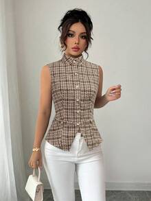 Selianne Women's Sleeveless High Collar Open Front Waist Fitted Blazer - Coffee Brown - View 1