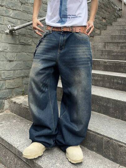 SHEIN Jeans sueltos y lavables de color azul para ropa de chico adolescente, estilo casual y vintage de la Y2K, ideal para el regreso a la escuela, universidad y uso diario. Atuendos de moda para chicos adolescentes en verano y otoño, perfectos para festivales y salidas a la playa.