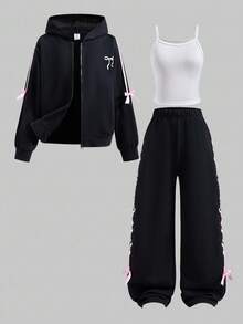 SHEIN Explorewe Conjunto de 3 peças com estampa de laço para meninas pré-adolescentes, blusa, calça e jaqueta, outono e inverno - Preto - Ver 7