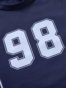 SHEIN Explorewe 2pcs/Set Tween Girls' Casual Navy Blue Raglan Sleeve T-Shirt & Cargo Pants Suit,Autumn Cow Boy School Back-To-School Patchwork Design Print Outfit - Royal Blue - View 3