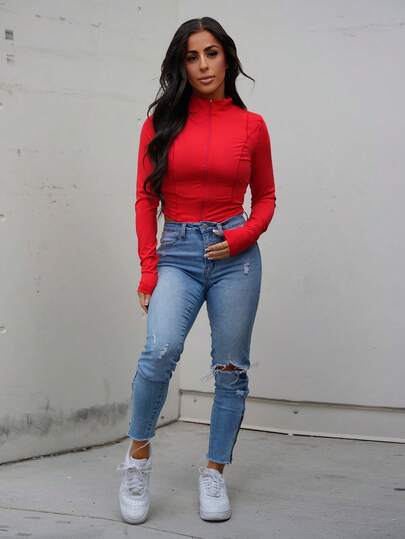 SAYEHFBABY Simple Casual Women's Autumn-Winter Stretchy Jacket With Half-Neck Zipper, V-Neck, And Tight Long Sleeves - B