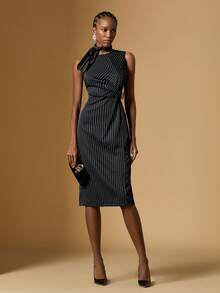Briarwyn 女士条纹印花褶皱修身无袖连衣裙 - 黑色 - 查看 1