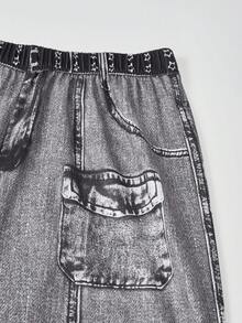 SHEIN ChillGRL 印花针织阔腿裤，时尚百搭，适合青少年女孩，春夏秋季皆宜。 - 黑色 - 查看 5