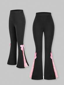 SHEIN ChillGRL Quần ống loe thời trang cho bé gái tuổi teen có nơ trang trí - màu đen - Xem 1