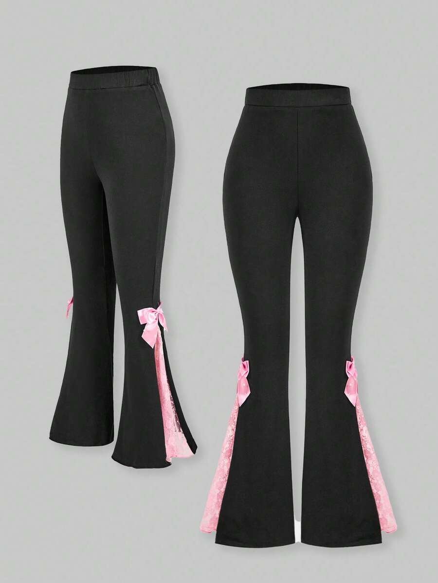 SHEIN ChillGRL Quần ống loe thời trang cho bé gái tuổi teen có nơ trang trí - màu đen - Xem 1