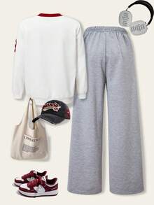 SHEIN ChillGRL 2 件套休闲学院风少女 V 领落肩短袖上衣和阔腿长裤 - 彩色 - 查看 6