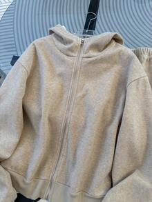 Franclia Women's Solid Color Long Sleeve Zip-Up Hoodie And Sweatpants 2 Pieces Set - Khaki - View 5