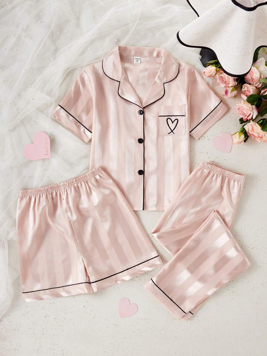 Genkimix Kids 3件套女童西瓜条纹短袖开衫、短裤和长裤休闲家居服套装 - 彩色 - 查看 1
