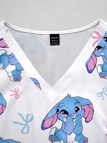 PopScrub 可爱兔子卡通印花V领短袖女式时尚制服上衣 - 彩色 - 查看 4