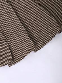 SHEIN 青少年女孩学院风拼接千鸟格褶边长袖休闲连衣裙 - 摩卡棕 - 查看 5