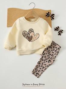 Cozy Pixies 2pcs Baby Girl Leopard Heart Pattern Crew Neck Long Sleeve Sweatshirt & Elastic Waist Thick Thermal Lined Leggings Set, Suitable For Winter