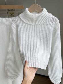 SHEIN 2pcs/Set Girls Sweater Set, Fashionable Turtleneck Cropped White Sweater Paired With Matching Straight Leg Sweater Pants, Regular Thickness, Neat Hemline And Cuffs, Casual Sporty Style, Soft Skin-Friendly Smooth And Durable Knit Set, Suitable For Daily Wear, School, Shopping, Workout, Home In Autumn/Winter White 2 Piece Girl Set Girl Knit Set Girls Coord Sets Tween Matching Set Knit - White - View 4