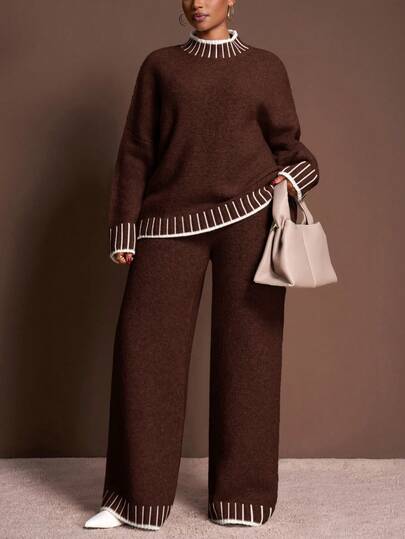 Veslaya 秋冬新款休闲家居服派对聚会日常舒适驼色撞色白色滚边宽松长袖高领针织上衣和直筒针织裤女式大码针织套装两件套