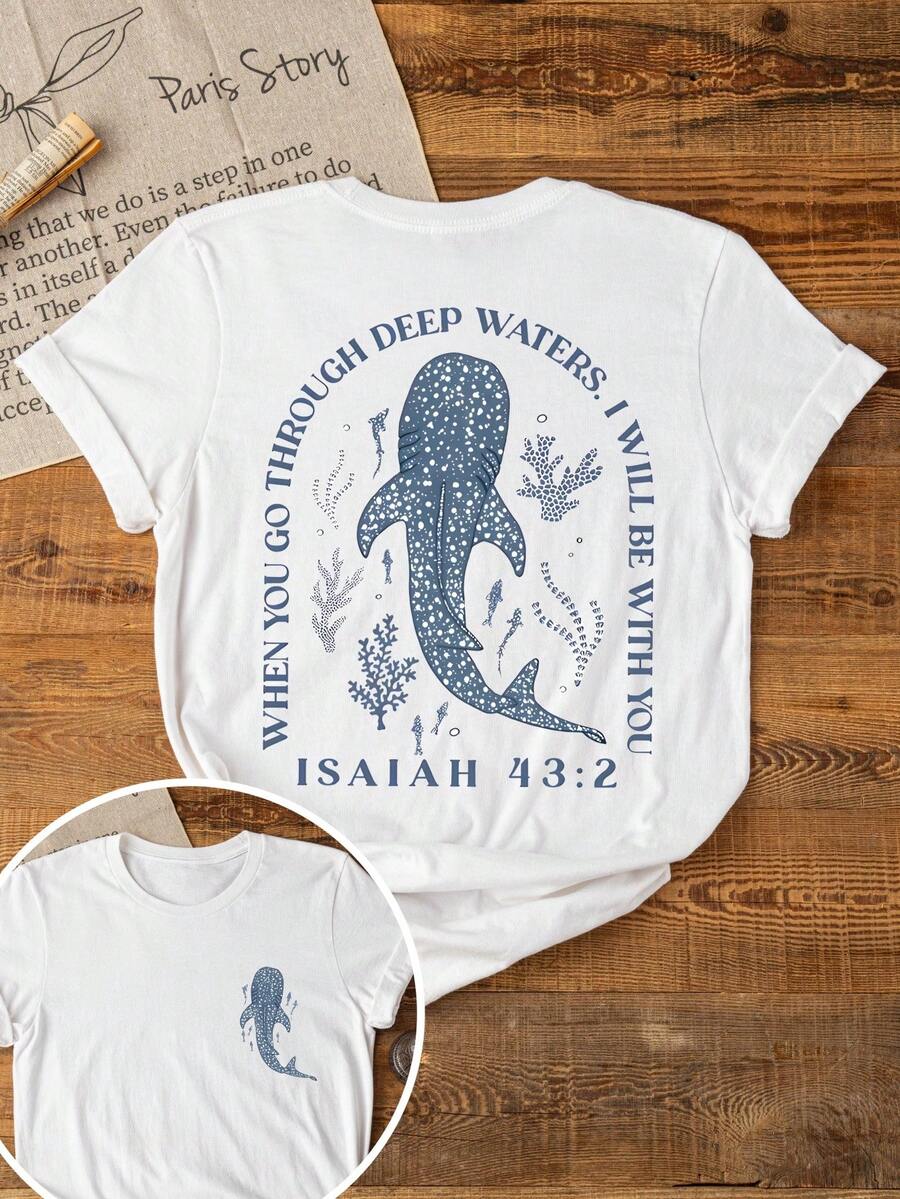 Glissea Áo thun cổ tròn tay ngắn in hình cá và khẩu hiệu đại dương dành cho nữ, mùa hè - trắng - Xem 1