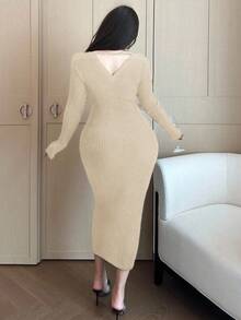 Flirla Plus Size Solid V-Neck Fitted Long Sleeve Sweater Dresses - Apricot - View 2