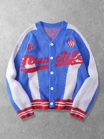 Herren Strickjacke mit besticktem Buchstaben-Jacquard-Muster, langärmelig, Knopfleiste