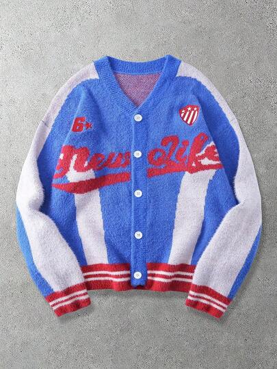 Men's Embroidered Letter Jacquard Long Sleeve Single-Breasted Knit Cardigan