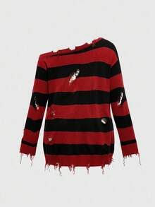 ROMWE Avant Plus Size Gothic Style Colorful Striped Distressed Detail Oblique Shoulder Pullover Sweater, Suitable For Halloween - Red - View 2