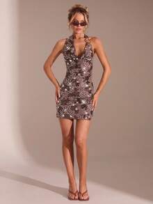 Glamine Women's Sequin Halter Bodycon Party Dress Dresses For Women Mini Dresses Sequence Dress Christmas Party Dress - Coffee - View 7