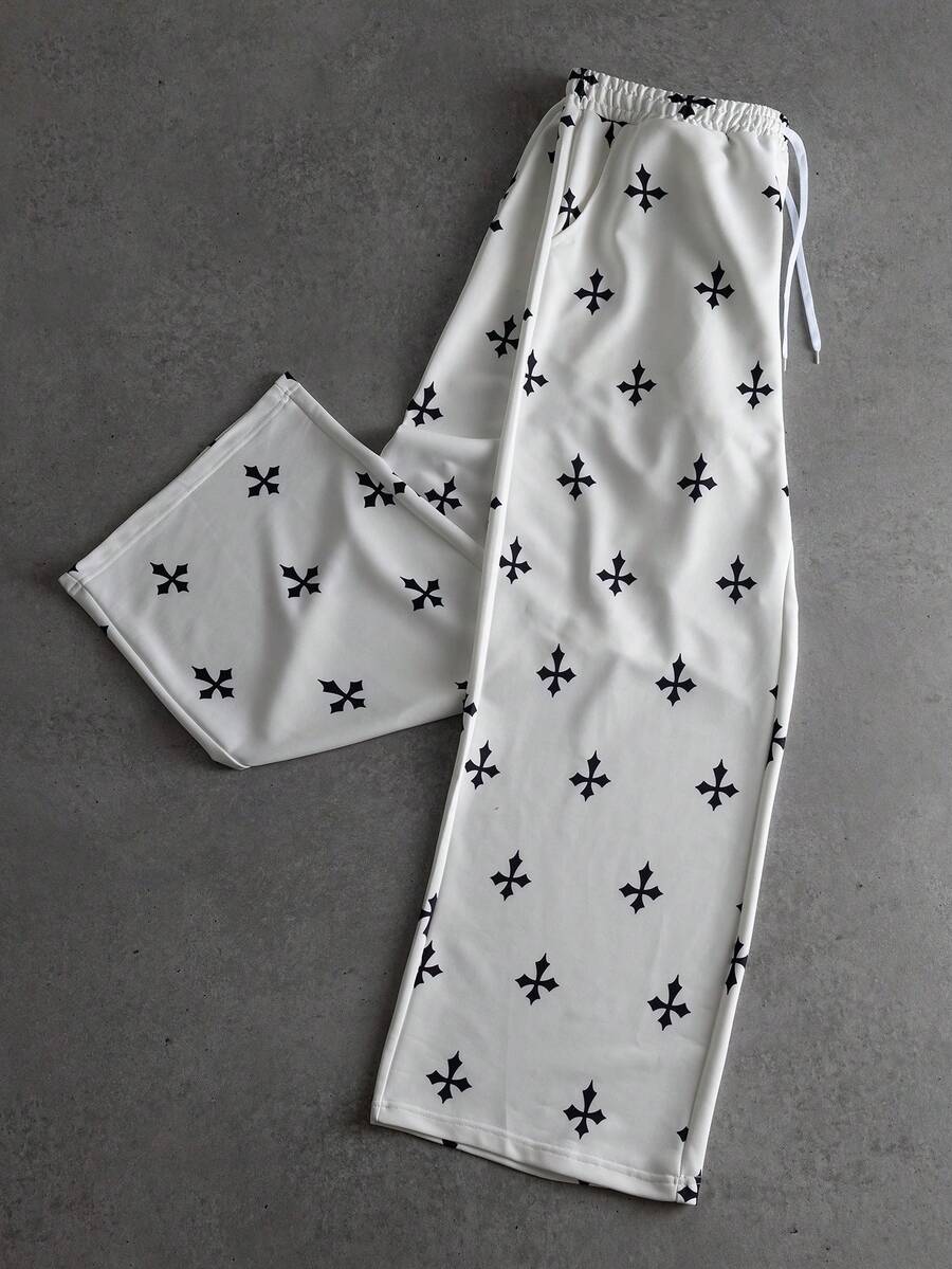 PAVTROS Men's Casual Loose Fit Curved Knife Print Cross Design Knit Pants, Comfortable & Versatile, Couples Matching, Autumn/Winter,Men's Streetwear,Baggy.Brand,I Love My Boyfriend,Graphic - White - View 1