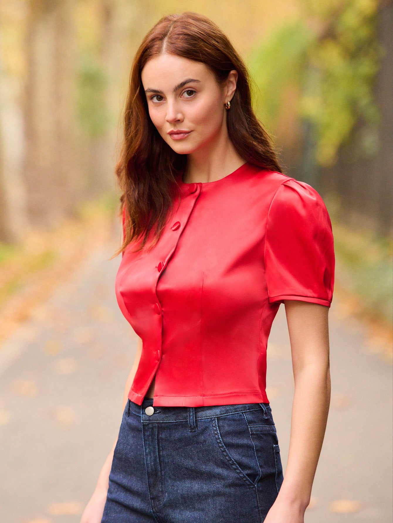 Red Satin Puff Sleeve Button Front Blouse Vintage Cute Style Party Winter Summer Going Out Spring Summer