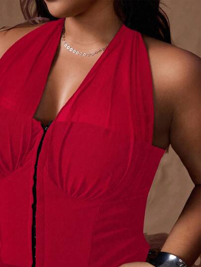 Rustia Plus Size Lace Halter Neck Top, Front Button Closure, Sexy & Fashionable Streetwear