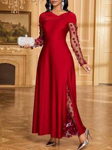 SHEIN Lady Women's Twist Decor Applique Mesh Long Sleeve Elegant Dress Red Dress, New Year's Dress, Christmas, Valentine's Day,Dresses For Women Elegant Red Wedding Guest Dress - Red - View 4
