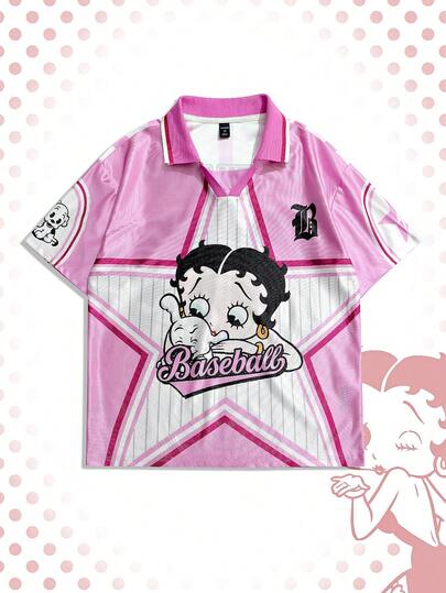 Betty Boop | ROMWE Men's Casual Fashion Street Cartoon Letter & Star Print V-Collar Short Sleeve Polo Shirt, Summer