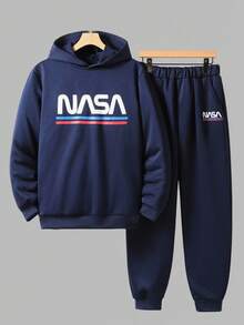 Vacaura 2pcs Tween Boys Plain Hoodie & Jogger Pants Set, Fashionable Minimalist English Graphic Print, Comfy Fabric, Fit, Suitable For Autumn Fall Winter - Navy Blue - View 3