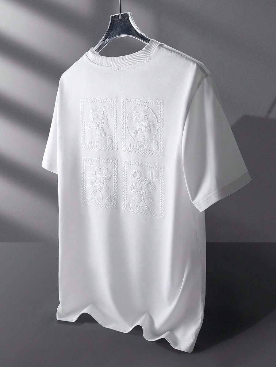 Manfinity Homme Camiseta Básica Masculina de Gola Careca de Manga Curta com Bordado, Camiseta Bordada de Uso Casual Diário para Homens - Branco - Visão 1