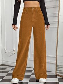 SHEIN EZwear Women's High Waist Pockets Wide Leg Loose Casual Versatile Denim Pants - Mocha Brown - View 5