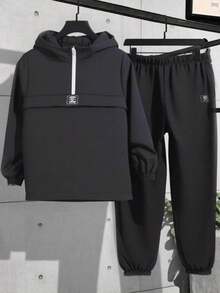 SHEIN 青少年男孩運動套裝，夏季街頭風畢業返校半拉鍊連帽外套與抽繩長褲，休閒純色運動服 - 黑色 - 查看 3