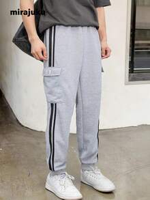 1 Quần thể thao màu xám có gấu quần bo gấu cho bé trai/nam, thích hợp cho các buổi đi chơi mùa thu/đông - Xám - Xem 5