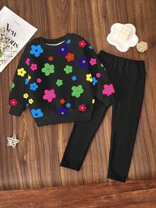 Conjunto de sudadera con estampado floral y leggings para niñas, conjunto de vestir casual y elegante para uso diario - Multicolor - Ver 3