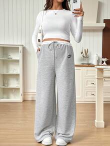 SHEIN 孕妇字母图案抽绳腰口袋阔腿休闲裤 - 灰色 - 查看 5