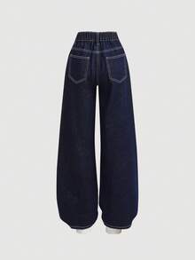 Girlism Teen GirlHeart & Bow Embroidered Bear Patch Loose Wide Leg Jeans, Navy Blue - Dark Wash - View 4