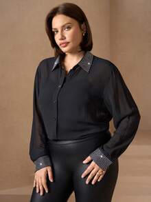 Chikora Plus Size Satin Poplin Button-Up Shirt,Office Fall - Black - View 1